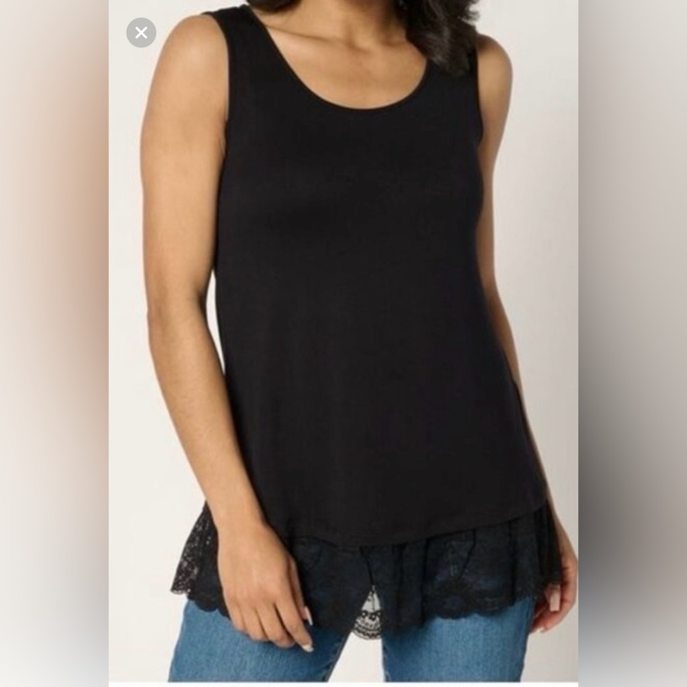LOGO by Lori Goldstein Black Knit Tank with Lace Trim